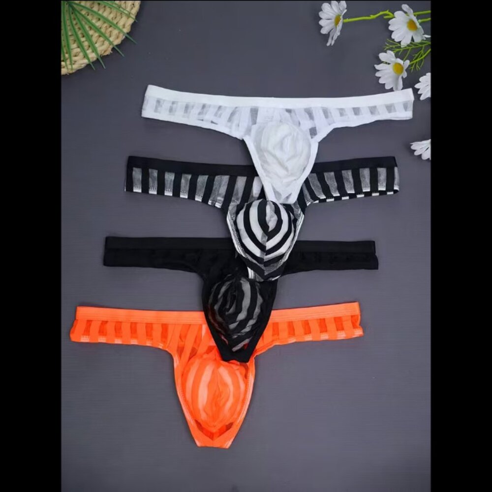 Set of 4 • Striped • Semi-Transparent • Low-Rise • Men's Thongs